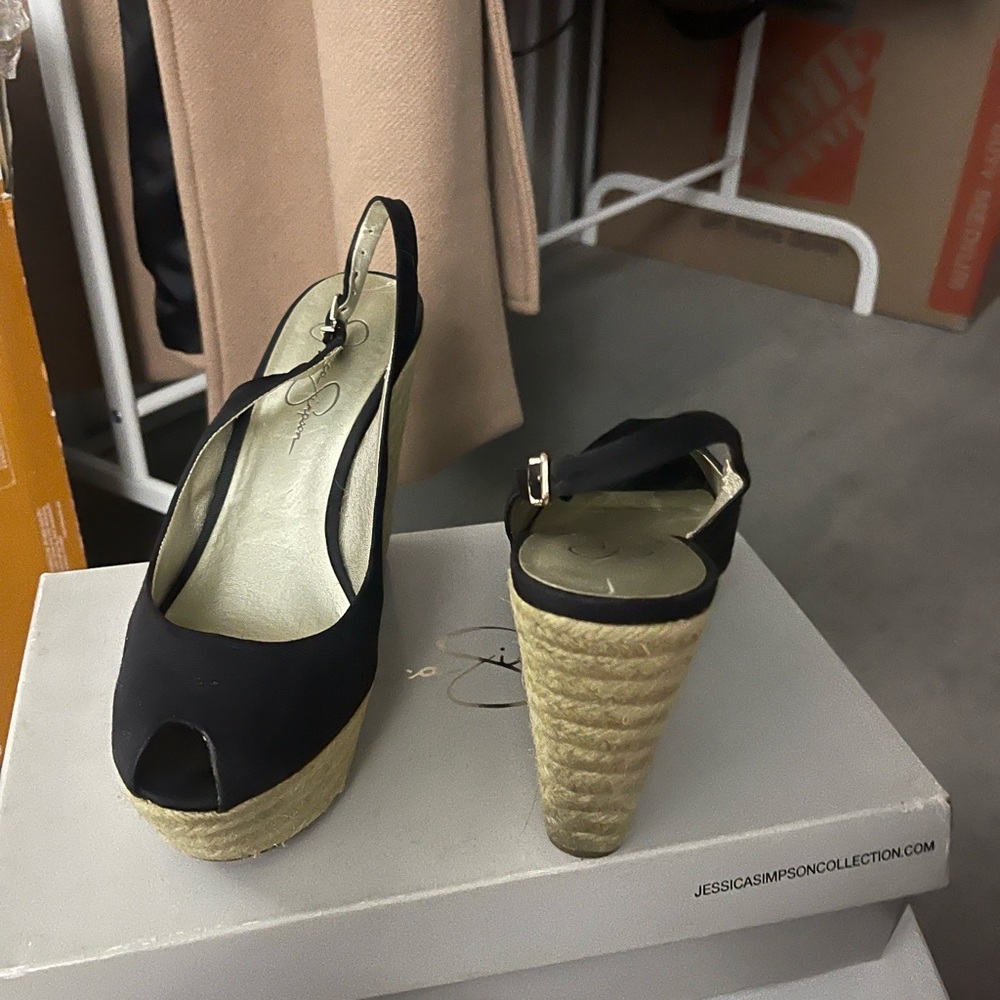 Jessica Simpson Black and Tan Wedge Sandals